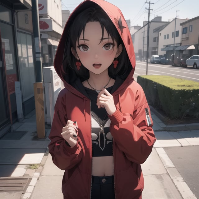 High detailed ,midjourney,perfecteyes,Color magic,urban techwear, cyborg,flower, solo, 1girl, looking_at_viewer, jewelry, hood, red_flower, jacket, long_sleeves, earrings, hood_down,  upper_body, black_jacket, holding, leaf, hand_up, shirt, red_hoodie, open_clothes, open_mouth, necklace, nail_polish, parted_lips, hoodie, eyelashes, free style,horror (theme),portrait,realistic, Mechagirl, midjourney, illustration,ASU1, fcloseup, rgbcolor, Lain Iwakura (Serial Experiments Lain)