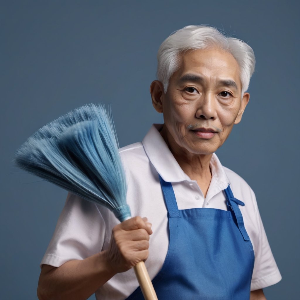 Generate an image of an elderly Asian man with slightly white hair, a kind expression, wearing a blue apron, holding cleaning tools, indoors, in the style of real portraits, with correct hand gestures, in high resolution