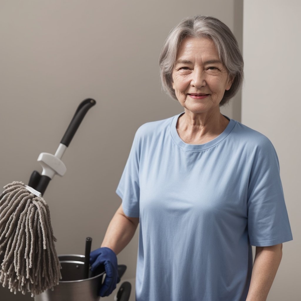 Generate an image of an elderly woman with dark hair, looking at the viewer, set against a simple background. Show her upper body with a small smile, visible wrinkles, and holding a mop. She should be dressed as a cleaning worker. The image should be realistic.
