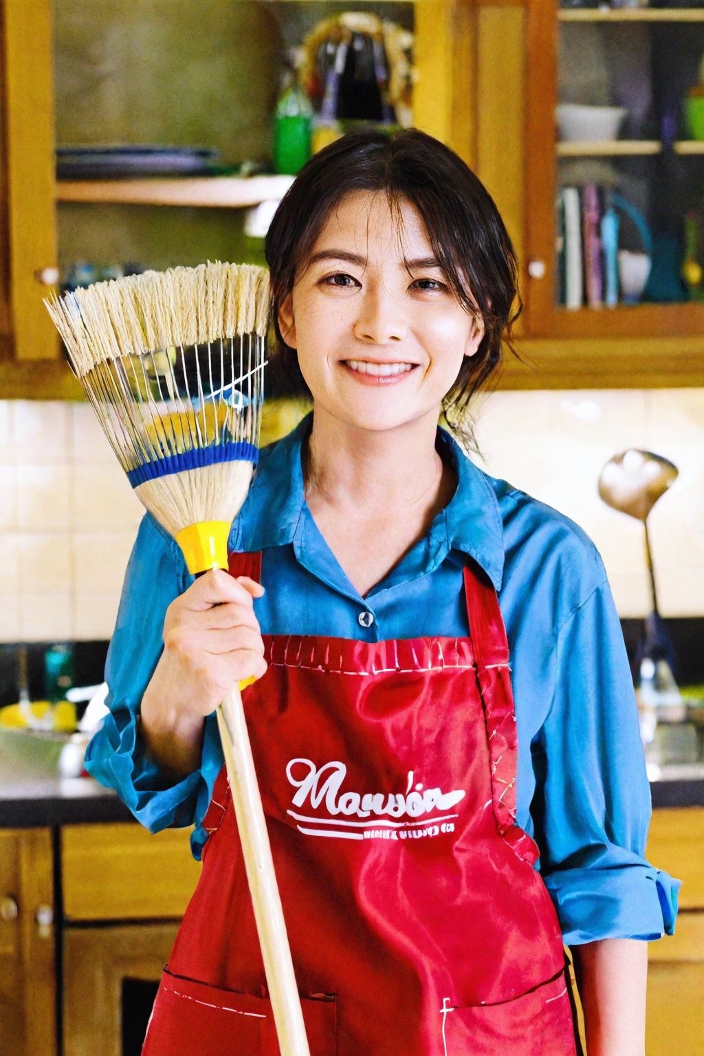 Looking at viewer, simple background, dark hair, upper body, small smile, apron, reality, cleaner, holding mop, old woman, elderly
