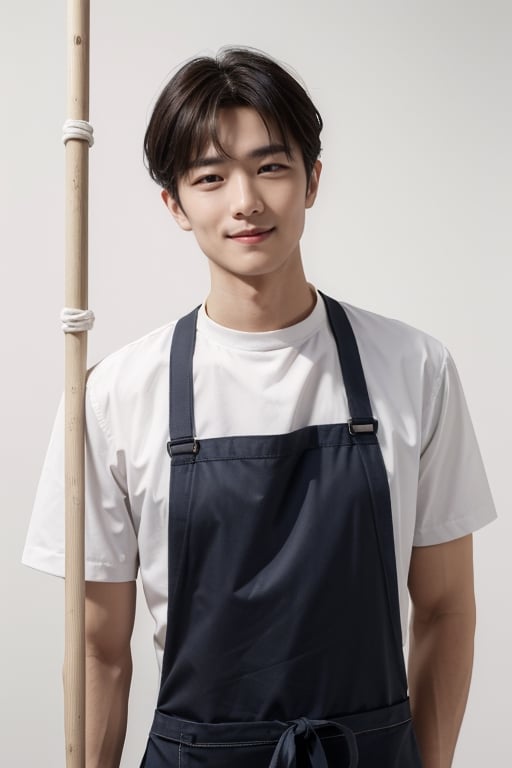 man face, Looking at viewer, simple background, dark hair, upper body, small smile, apron, reality, cleaner, holding mop,elderly