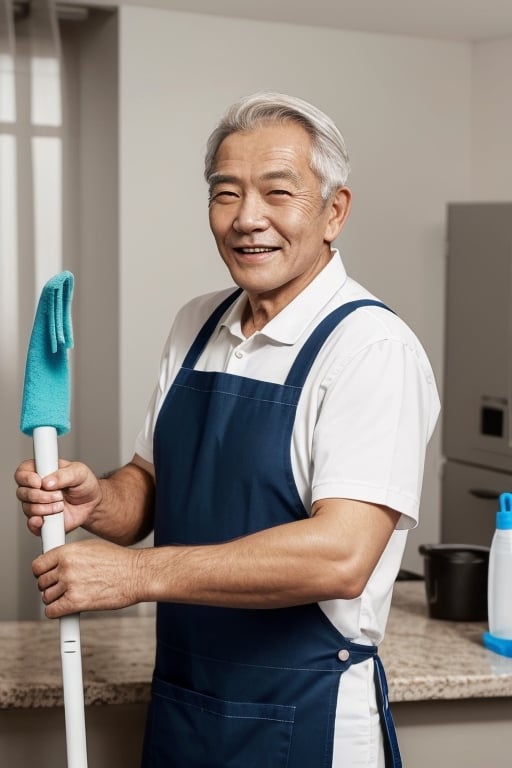 Man's face, old man's face, looking at viewer, simple background, black hair, upper body, smile, apron, reality, cleaner, holding mop, old man, sweeper, cleaning tools, detail, cleaning supplies,Asian