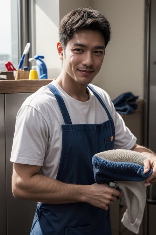 Man's face, looking at viewer, simple background, black hair, upper body, small smile, apron, reality, cleaner, holding mop, old man, sweeper, cleaning tools