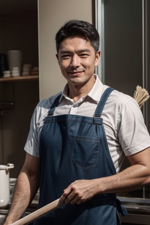 Man's face, looking at viewer, simple background, black hair, upper body, small smile, apron, reality, cleaner, holding mop, old man, sweeping tools