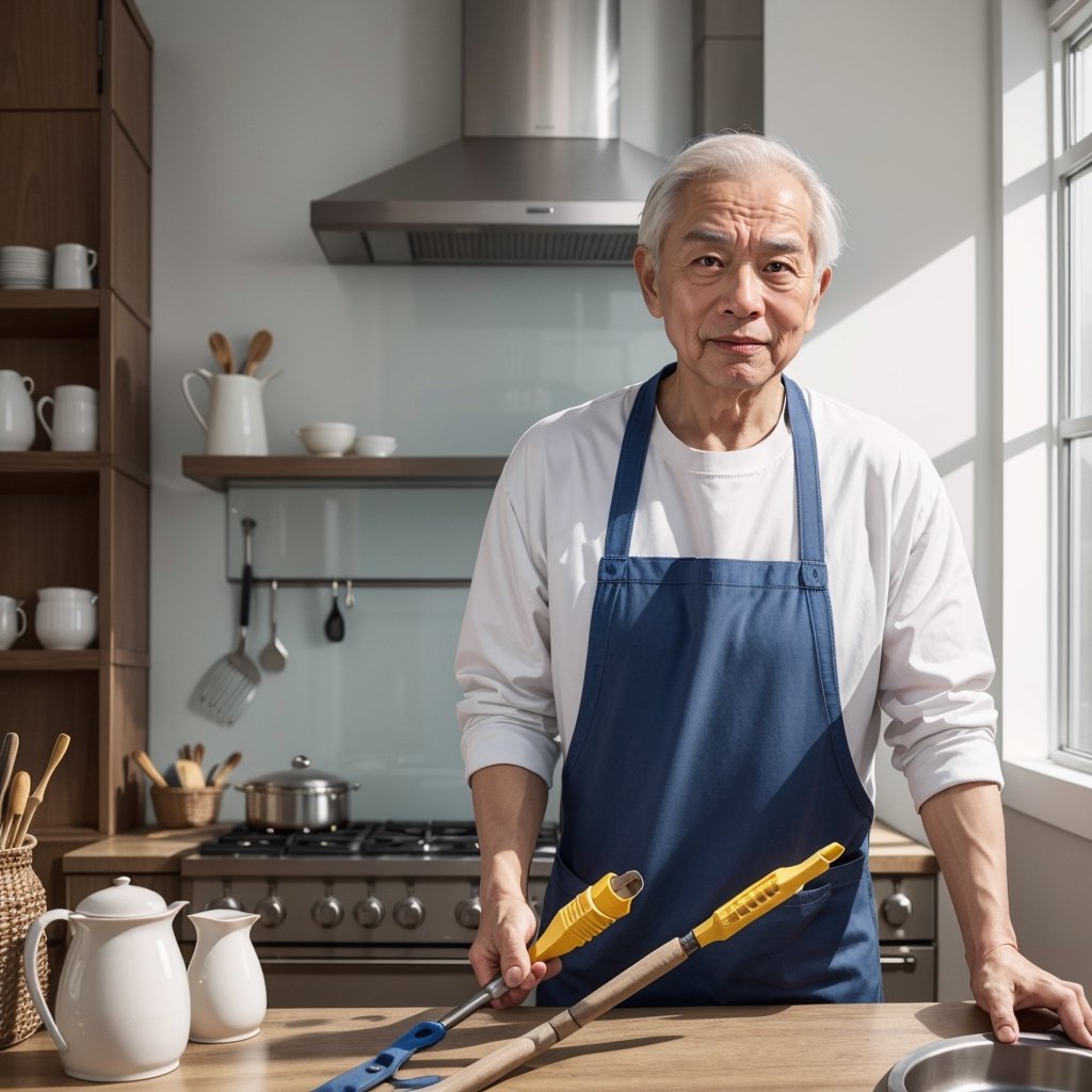 Generate an image of an elderly Asian man with slightly white hair, a kind expression, wearing a blue apron, holding cleaning tools, indoors, in the style of real portraits, with correct hand gestures