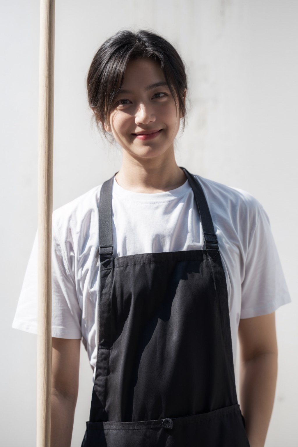 man, looking at viewer, simple background, black hair, upper body, small smile, apron, realistic, cleaner, holding broom, old man