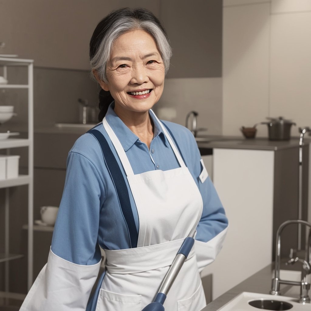 Generate an image of a woman's face, an elderly face, looking at the viewer, with a simple background. The person has black hair and is shown from the upper body. She is smiling and wearing an apron. The image should depict a realistic cleaning worker holding a mop. Include details such as a sweeping machine and other cleaning tools and supplies. The person is an elderly Asian woman. Ensure the image has fine details and is in a realistic style.
