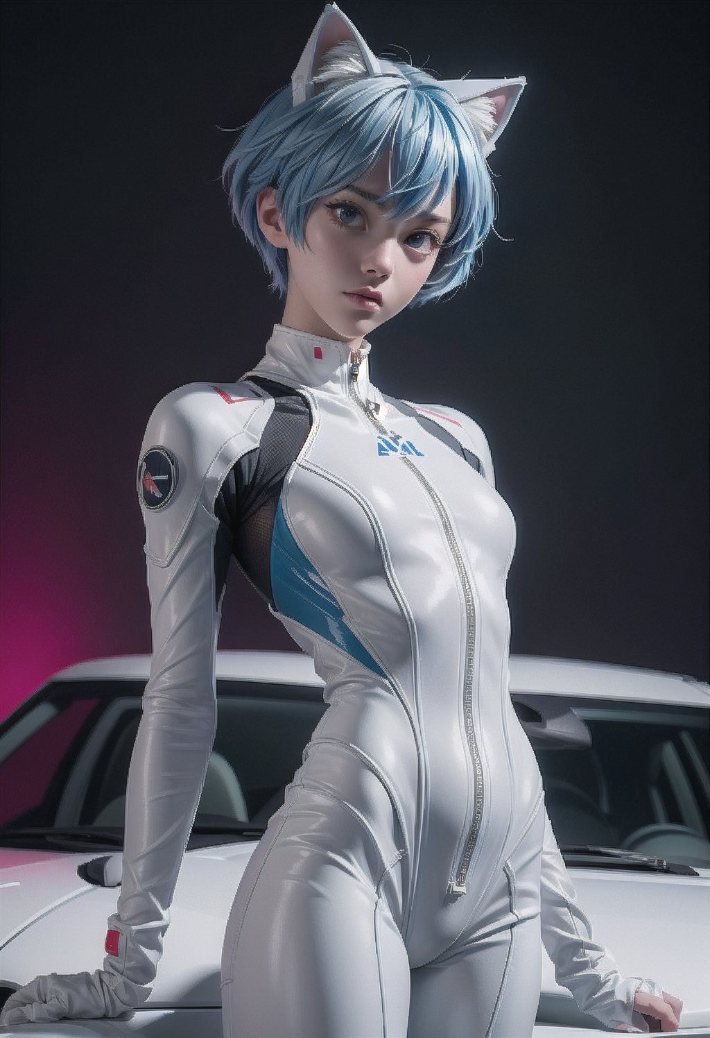 8k, masterpiece, best quality, realistic, sharp focus, cinematic lighting, extremely detailed, drive a car, lepic, dawn, cat ear girl, rei ayanami, ight blue bob hair, white, tight suit, white and tight protective suit with black and red liner pattern, edgy, sexy,urban , (red leon lighting background), chest open, deep-V chest, techwear,outfit,3DMM
