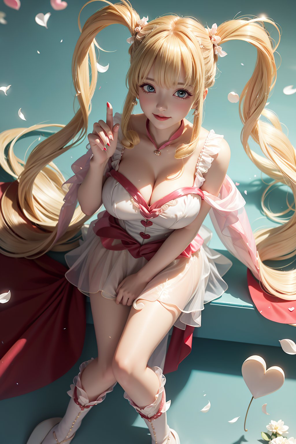 ((from above, exposed breasts, duck sitting, She wears revealing pink frilled weeding dress, Wedding gown (veil), blond very long hair, Heart-shaped twintails, large breasts 2.0)), cute pose, large breasts, cleavage , blue eyes, (Masterpiece), full body shot, best quality, high resolution, highly detailed, detailed background, movie lighting, 1girl, idol, underbust, stage, stage lights, music, blush, sweet smile, sweat, concert, ruffles, confetti, hearts, hair accessories, hair bows, gems, jewelry, neon lights , bow tie , pointing, spotlight, sparkles, light particles, frame breasts, cross lace, white stockings,ryuubi,lift skirt,1girl,seethrough_wedding_dress,seethrough_china_dress, red and gold dress,Angel,spartanarmor,red cape,long hair,hmnl,fr4ctal4rmor,office_lady_uniform,reiko_aiwaifu,QIPAO,qipao,enome_futokunoguild,ｍenesu, twintails