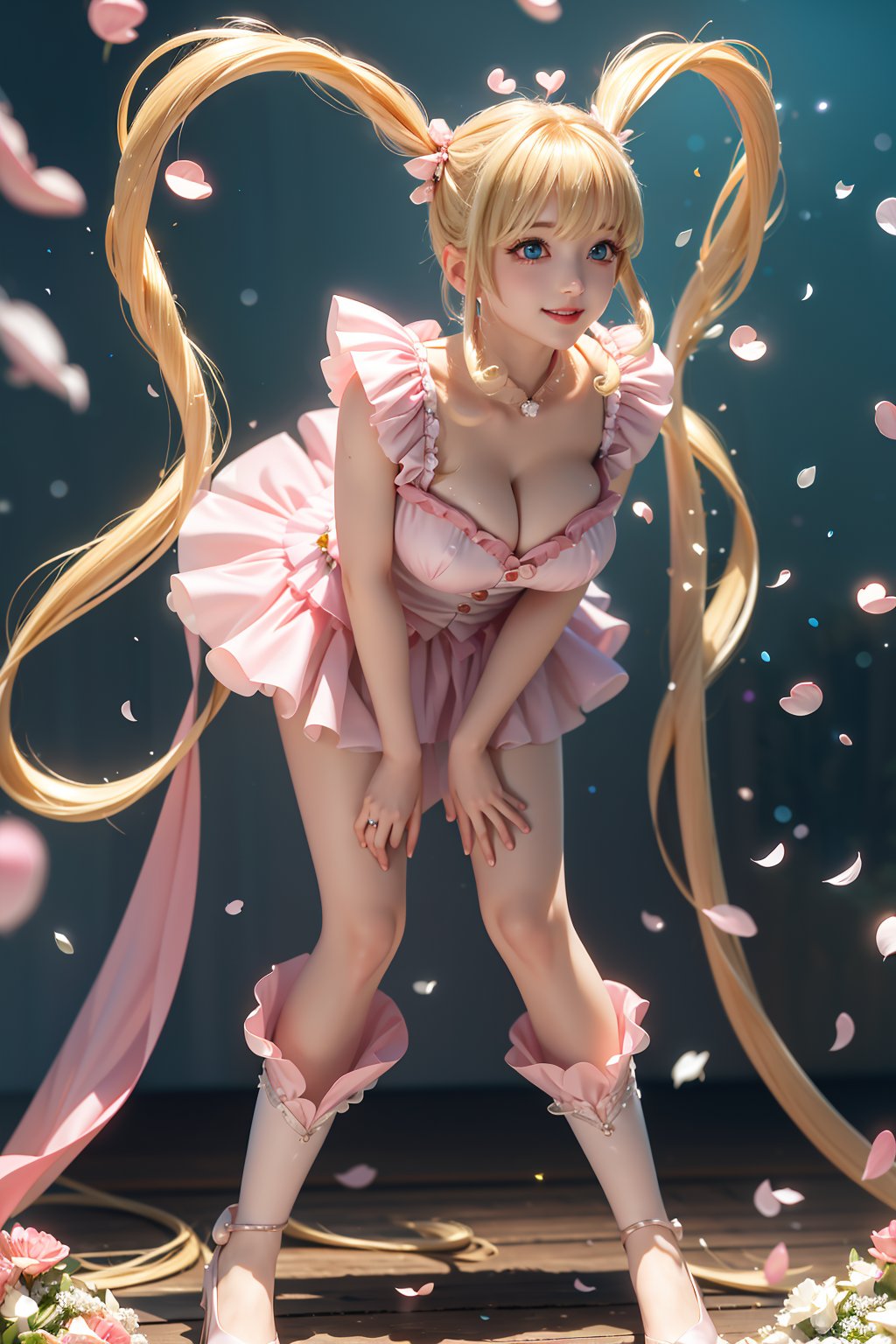((She wears pink frilled weeding dress, changing clothes, Leaning forward, blond very long hair, Heart-shaped twintails, large breasts 2.0)), cute pose, large breasts, cleavage , blue eyes, (Masterpiece), full body shot, best quality, high resolution, highly detailed, detailed background, movie lighting, 1girl, idol, underbust, stage, stage lights, music, blush, sweet smile, sweat, concert, ruffles, confetti, hearts, hair accessories, hair bows, gems, jewelry, neon lights , bow tie , pointing, spotlight, sparkles, light particles, frame breasts, cross lace