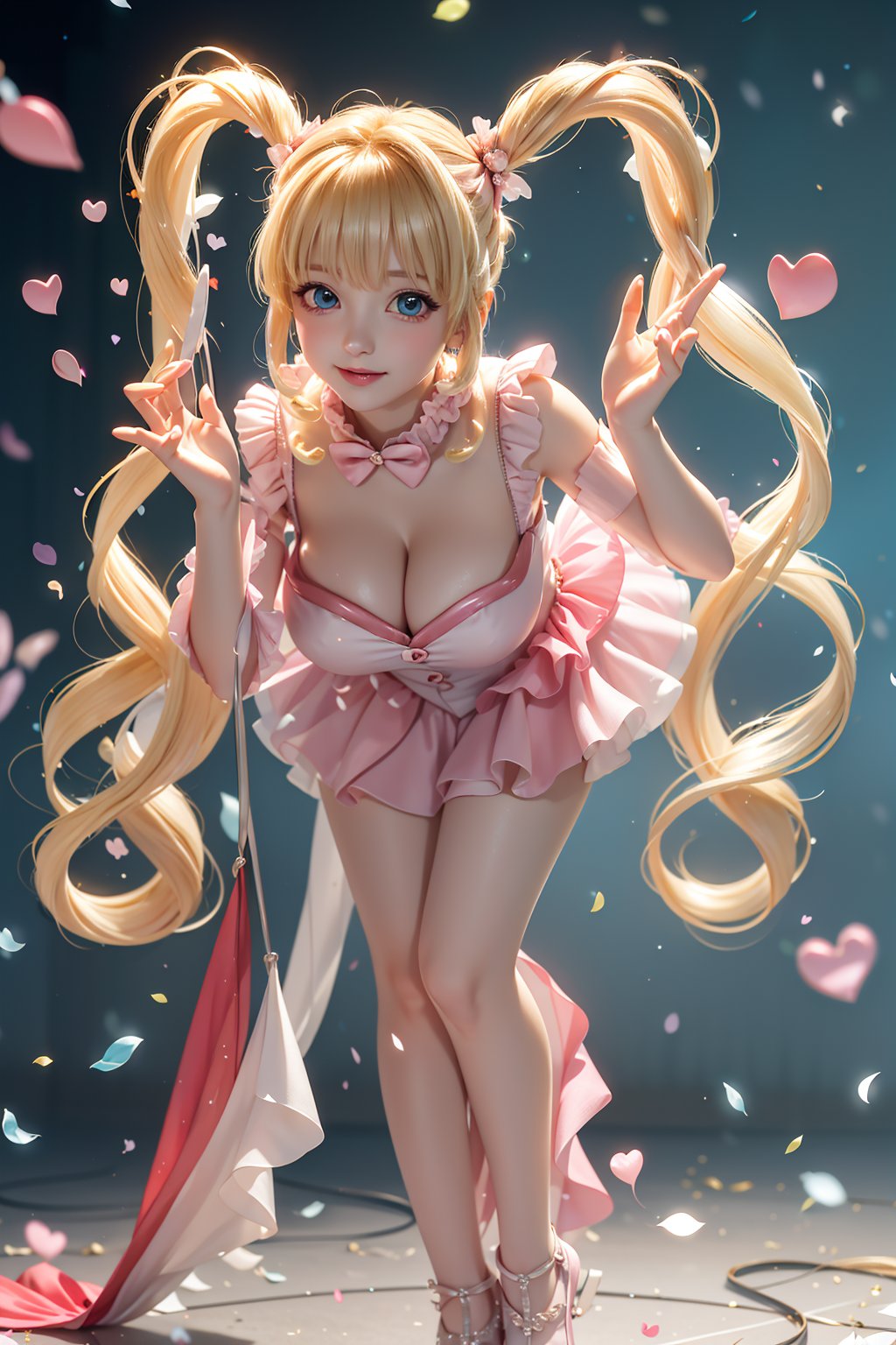 ((She wears pink frilled weeding dress, Pull down the collar, Leaning forward, blond very long hair, Heart-shaped twintails, large breasts 2.0)), cute pose, large breasts, cleavage , blue eyes, (Masterpiece), full body shot, best quality, high resolution, highly detailed, detailed background, movie lighting, 1girl, idol, underbust, stage, stage lights, music, blush, sweet smile, sweat, concert, ruffles, confetti, hearts, hair accessories, hair bows, gems, jewelry, neon lights , bow tie , pointing, spotlight, sparkles, light particles, frame breasts, cross lace