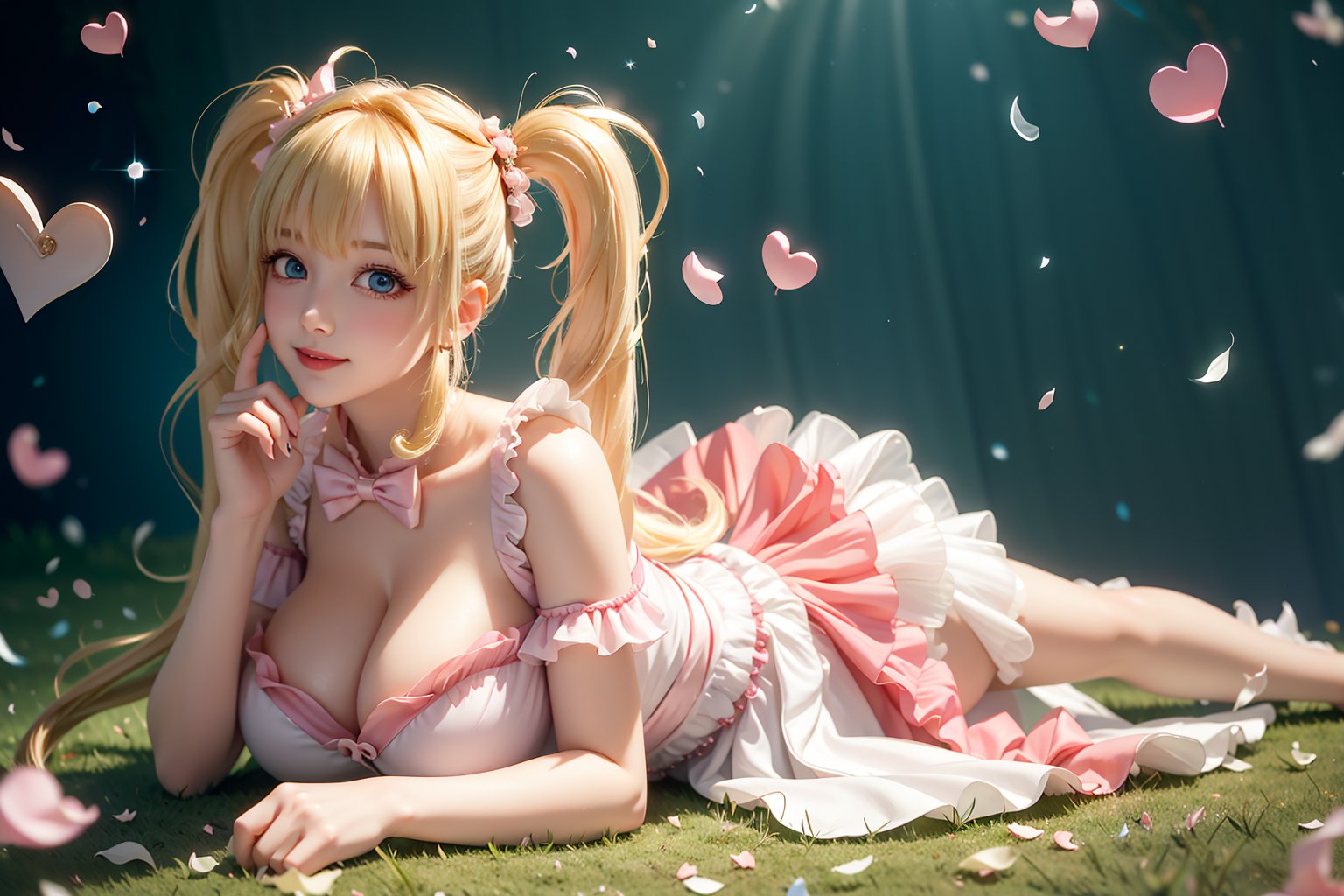 ((She wears pink frilled weeding dress, lying down, knees together, blond very long hair, Heart-shaped twintails, huge breasts 2.0)), cute pose, large breasts, cleavage , blue eyes, (Masterpiece), full body shot, best quality, high resolution, highly detailed, detailed background, movie lighting, 1girl, idol, underbust, stage, stage lights, music, blush, sweet smile, sweat, concert, ruffles, confetti, hearts, hair accessories, hair bows, gems, jewelry, neon lights , bow tie , pointing, spotlight, sparkles, light particles, frame breasts, cross lace