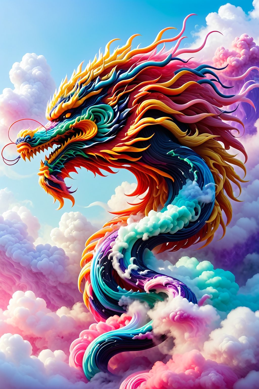 Highly detailed and hyper-realistic documentary photo of a wild dragon with his blowing mane riding clouds. BREAK vaporwave aesthetics, (documentary shot:1.2), eye level, BREAK vibrant colours, (extremely realistic and accurate:1.4), league of legends, BREAK octane render, intricate, ultra-realistic, elegant, highly detailed, digital painting, artstation, concept art, smooth, sharp focus, style by Leonardo Style, DonMn1ghtm4reXL,comic book,abstrgn, BREAK no humans