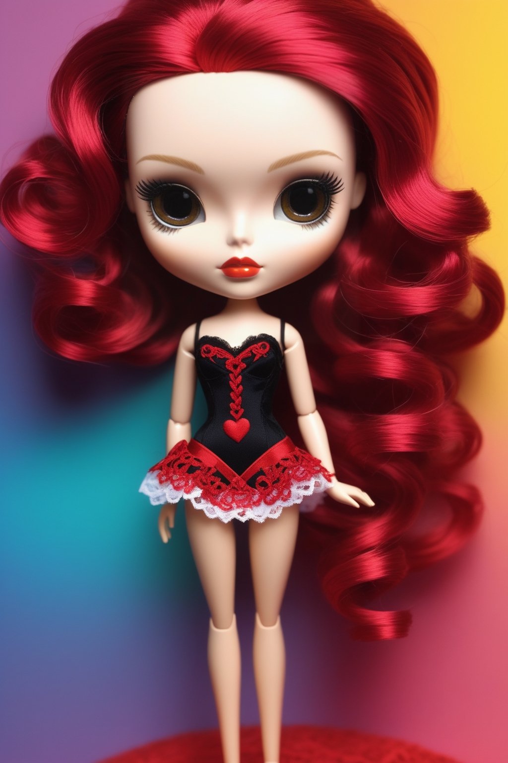 (realistic:1.3) Blythe doll, Haute couture, no particular features, of high fashion embroidery and lace swimwear, (long shot: 1.2) (frutiger style:1.3), (colorful:1.3), (2004 aesthetics:1.2).  swirls, heart \(symbol\), (gradient background:1.3) (dinamic pose: 1.3). Saturated colors, tonal transitions, detailed, minimalistic, concept art, intricate detail, World character design, high-energy, concept art, Masterpiece,iconic, PoP art,more detail XL, intricate colors blend, photorealism,leonardo,artint,sweetscape,ink 