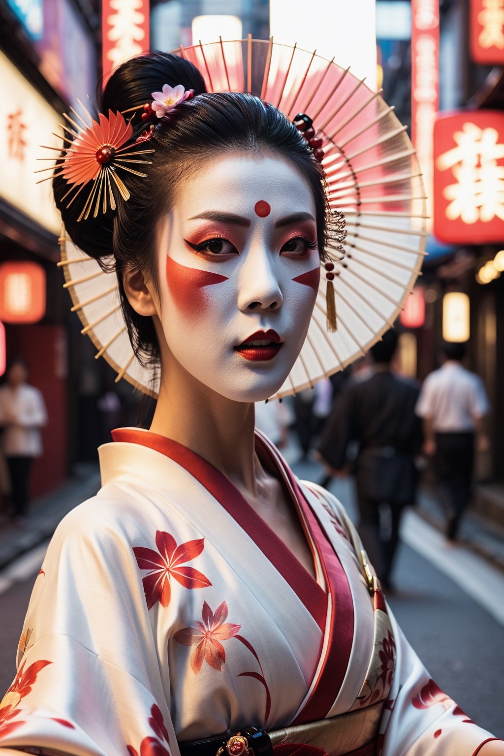 close up cinematic photo of a geisha dancing in the street, wielding a fan in one hand in Neo-Tokyo, cinematic, 4k, 8k uhd, dslr, soft lighting, high quality, film grain,ktrmkp  face paint,photorealistic,Masterpiece,ktrmkp  makeup,ktrmkp,makeup,Vogue,Ptcard,vintagepaper