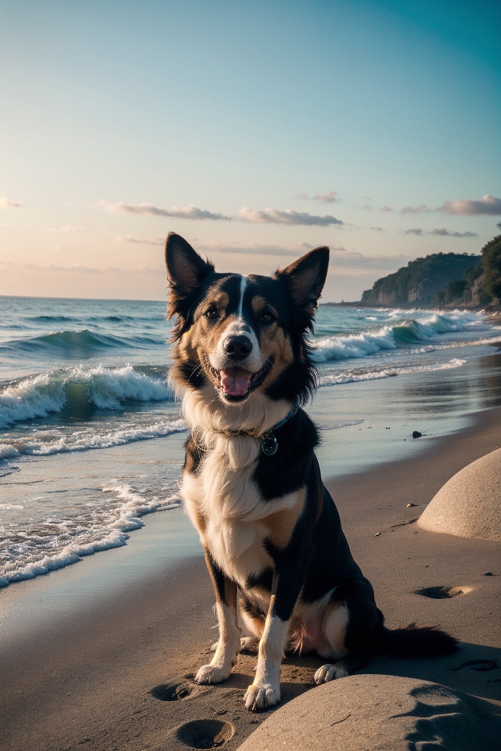 a cute golden Border Collie with honey eyes on wide side shore with waves on the background, smiling dog, cyberpunk style, ((intricate details)), hdr, ((intricate details, hyperdetailed)), cinematic shot, vignette 