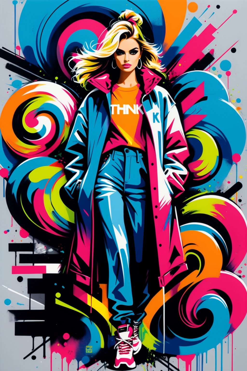  (fashion illustration:1.3) (graffiti urban style fashion: 1.3) BREAK (text "THNK 15K": 1.6), (dinamic jumig pose: 1.2) || in the style of Izumi Kogahara ||, (long shot: 1.2) (frutiger style:1.3), (colorful:1.3), (2004 aesthetics:1.2). X, swirls, \(symbol\), (gradient background:1.3). Saturated colors, tonal transitions, detailed, minimalistic, concept art, intricate detail, World character design, high-energy, concept art, Masterpiece, Fashion Illustration,iconic, PoP art,more detail XL, intricate colors blend, photorealism, leonardo, artint, sweetscape, ink ,score_9,Text