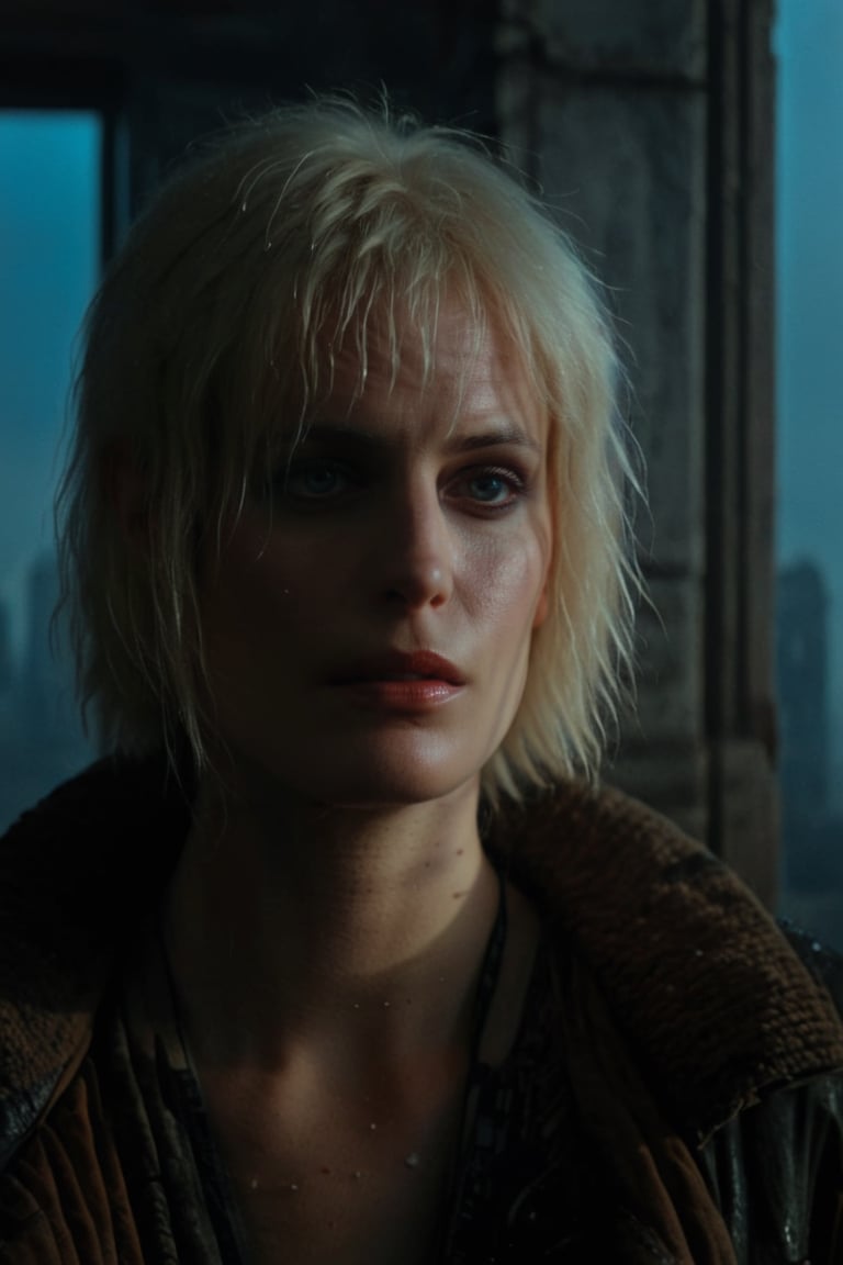(Hyper-realistic photograph:1.4), Captivating scene inside a dilapidated abandoned building, Featuring (Pris from Blade Runner:1.4), (Young Daryl Hannah:1.5), with short white hair, three-quarters view, looking at the viewer, with a dark rainy city landscape in background, blue eyes, photography style, (half-body shot:1.3), (unsettled expression:1.2),(well-lit:1.2) Extremely Realistic, serendipity art, (sharp focus:1.3), intricate details, highly detailed, by God himself, original shot, masterpiece, detailed and intricate,Movie Still,guttojugg1