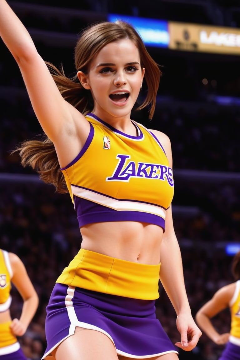 Emma Watson as Lakers Cheerleader, sleeveless uniform, midriff, brunette hair, dynamic pose, jumping, pov from below