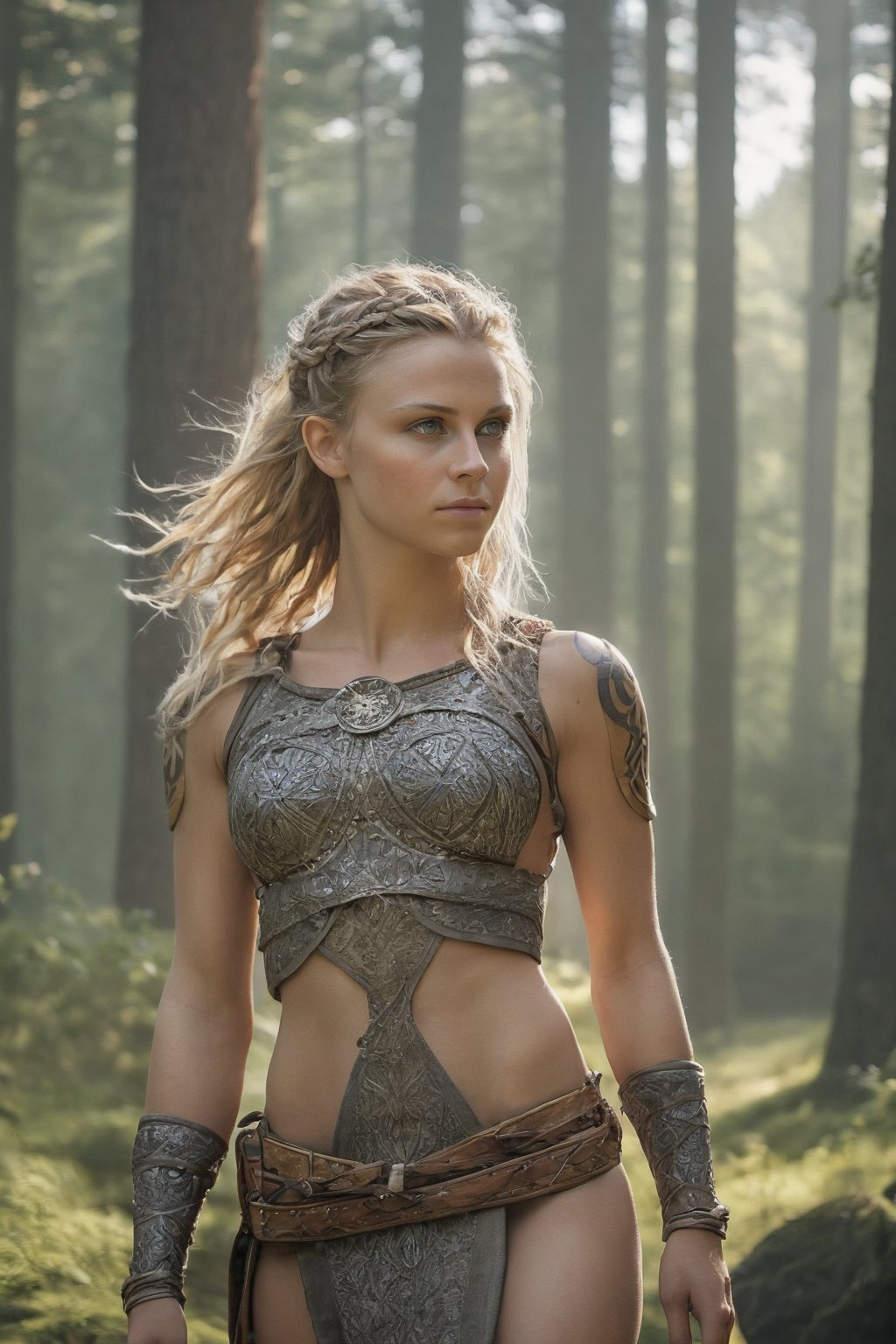 A beutiful Viking girl, wearing a Viking war cloth, sunny day in a forest clearing,  perfect fit body, going to war, detailed hair, sweaty skin, detailed skin, hard nipples