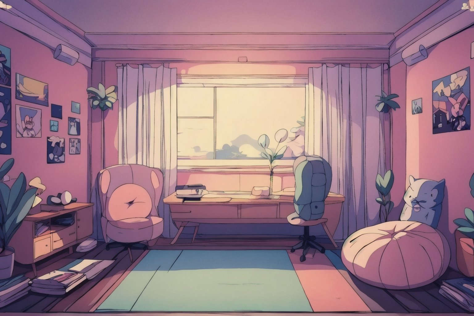 (masterpiece), best quality, scenery, indoors, bedroom, cassette player, bed, window, desk, curtain, beanbag chair, lava lamp, polaroids, kawaii, cute, girly decorations, dreamy colors, 90s, LOFI, retro anime, lofi artstyle,retro artstyle, no_humans, bokeh, simple background, anime_screencap,