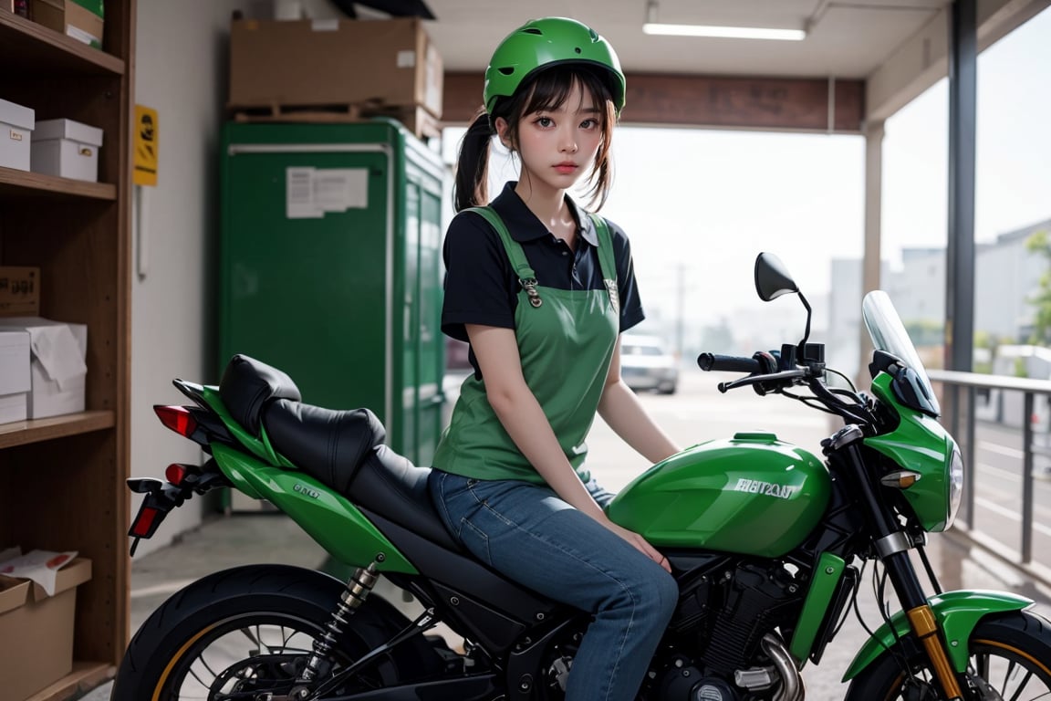 Masterpiece, top quality,1girl, solo, long ponytail,  choppy bangs, looking at the computer, nervous face.

Taiwan postman. She is riding a motorcycle to deliver mails. full face helmet. Green postman uniform and green pants. sun glasses, in Taiwan street. many package in the blue plastic box behind her.

Indoors, dynamic, highly detailed, concept art, smooth, sharp focus.,Realistic.,YAMATO