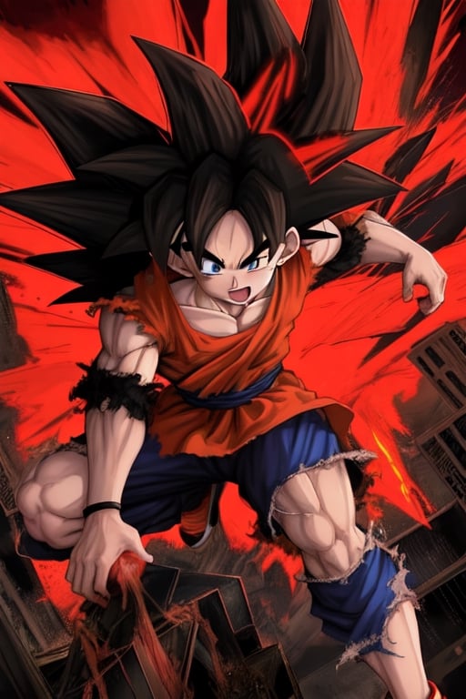 Goku haveing Wing and black and red ora and red and black clothes and hair in a destroy city
