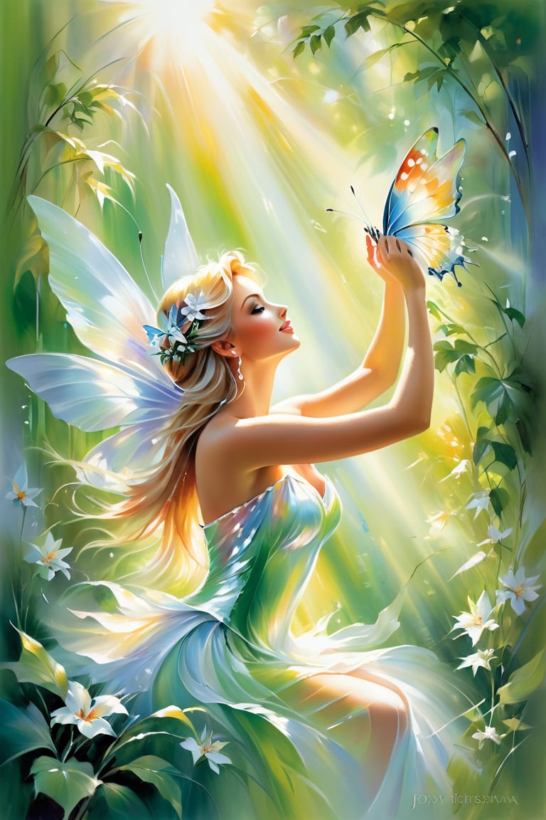 

Willem Haenraets-inspired Impressionistic scene: a beautiful Butterflies Fairy playing with a ray of sunlight, iridescent wings shimmering in warm sunlight. Jody Bergsma and Megan Duncanson's brushstrokes capture the tender moment, gentle subject pose conveying serenity amidst lush green foliage and dreamy background blur.