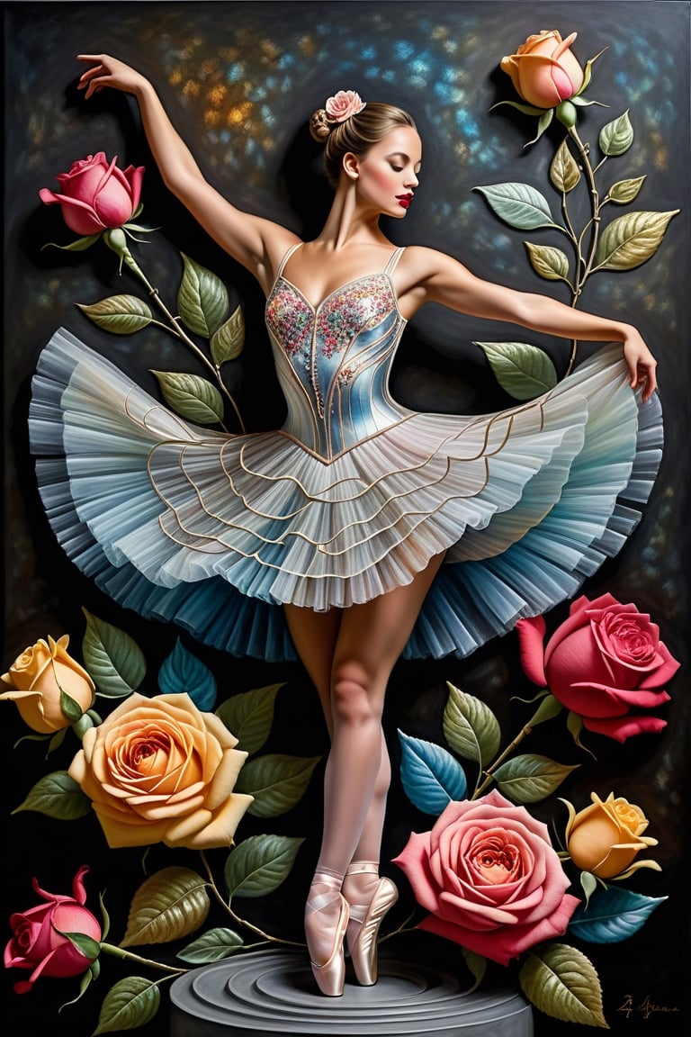 ultra high image quality, 16k DSC DCI dolby vision, Rob Scott's rendering of Jody Bergsma-style glass sculpture, vibrantly colored roses mirroring the gentle tapestry of a ballerina's gracefully twisted movements, crafted on a highly textured canvas, esao andrews dress style, highlighted by the contrasting rigidity of an Elba Damast and aluminum structure, ferrying the onlooker between the boundaries of reality and fantasy, color splash, glass texture, ballerina poise, flower entwined.crafted on a highly textured canvas, esao andrews dress style, highlighted by the contrasting rigidity of an Elba Damast and aluminum structure, ferrying the onlooker between the boundaries of reality and fantasy, color splash, glass texture, ballerina poise, flower entwined.