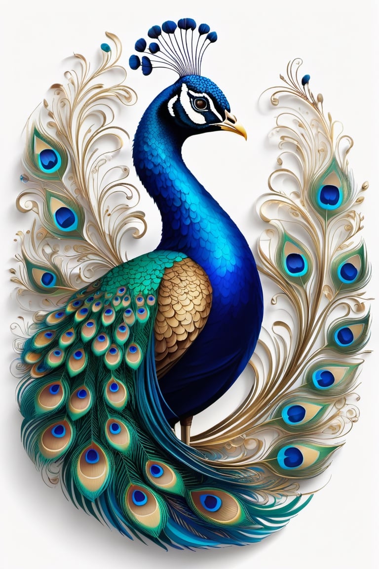 Draw a picture of an eye-catching bird ( beautiful peacock)  and blend it with the perfect balance between art and nature, combining elements such as flowers, leaves, and other natural motifs to create unique and intricate designs with symmetry, perfect_symmetry, Leonardo style, ghost style, line_art, 3D style, white background