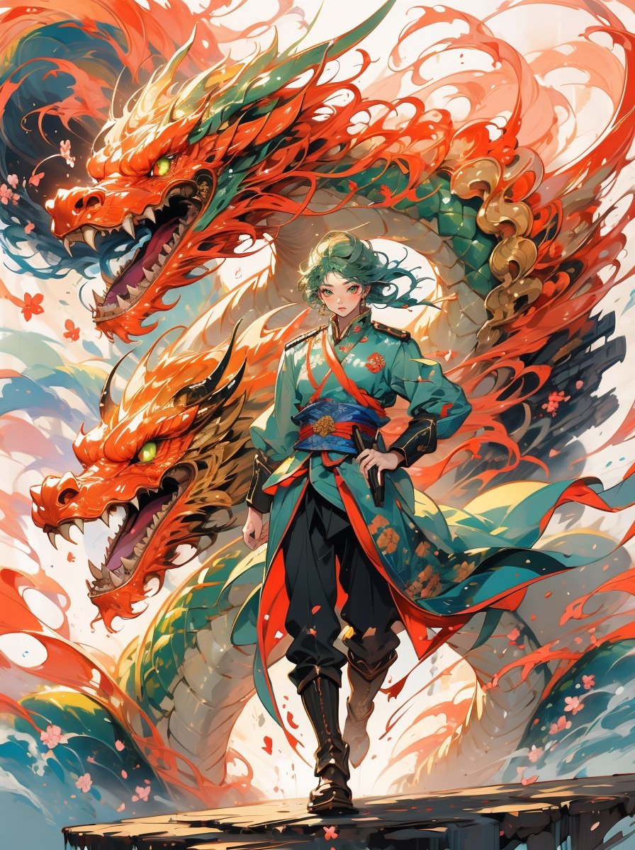 masterpiece, top quality, best quality, official art, beautiful , wind blows, chinese dragon, golden line, (red theme:1.3), ultra-high quality, photorealistic, sky background, dynamic pose, icemagicAI , Lunar New Year, cloud, , vibrant blossoms bloom, cyberpunk, 1man Soldier, Wearing camouflage uniform, green and black, Holding a gun, stand on the dragon,