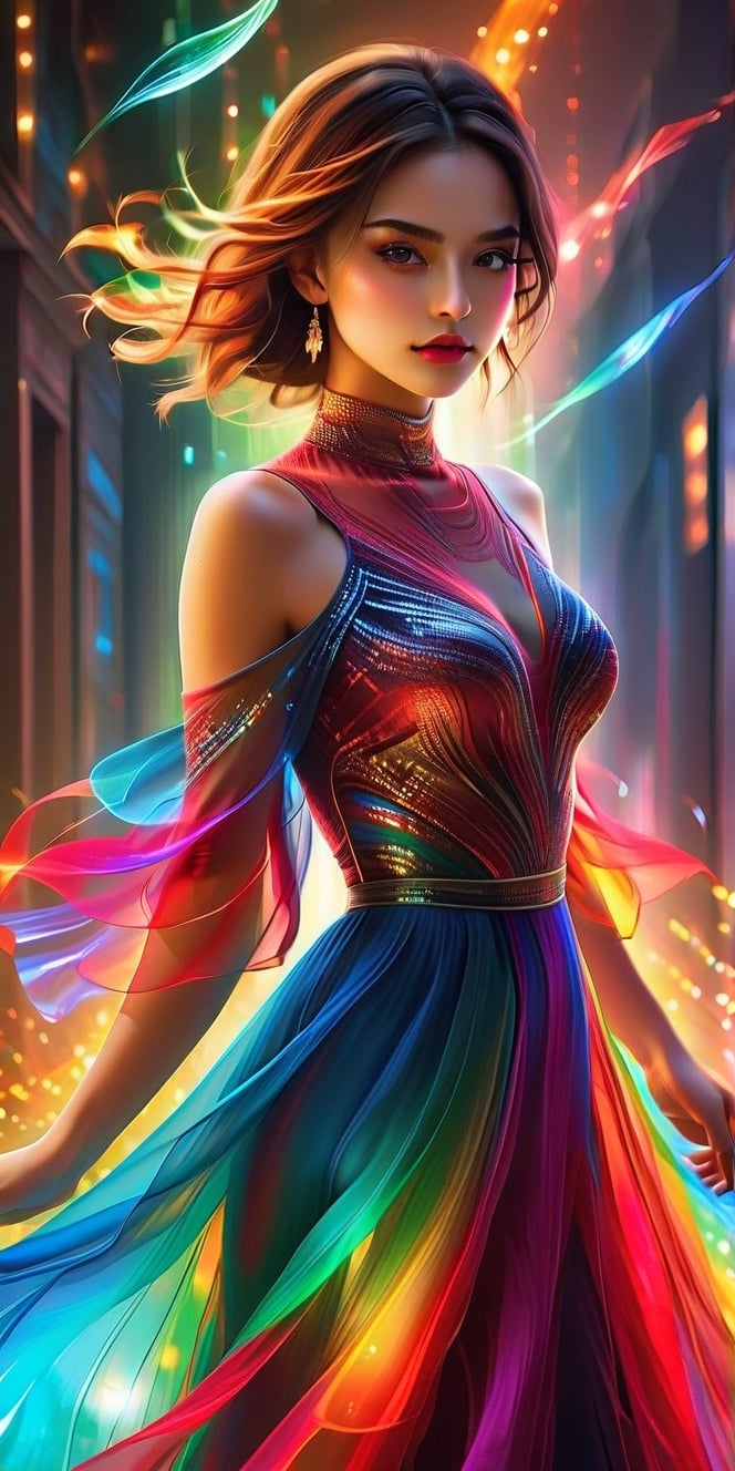 (1girl, off shoulder dinner dress, photo of perfecteyes eyes, attractive dacing pose, look at viewer, disco, dance floor, colorful light in background), masterpiece, best quality, high resolution, UHD, realism, realistic, depth of field, wide view, raytraced, medium breast, belly button, full length body, mystical, luminous, translucent, beautiful, stunning, a mythical being exuding energy, textures, breathtaking beauty, pure perfection, with a divine presence, unforgettable, and impressive.