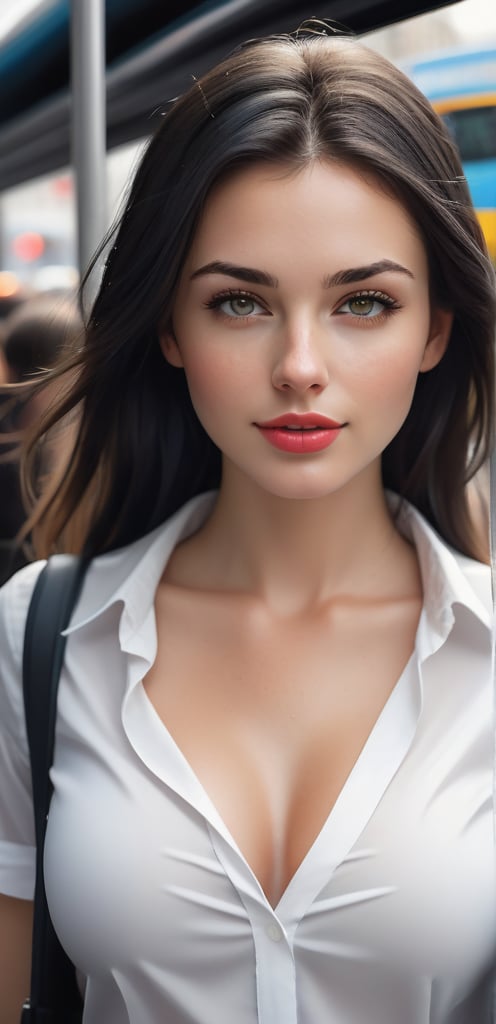 Sexy European girl, 28 years old, slightly freckled, black eyes, wet lips, black straight hair, white shirt, black skirt, in the middle of the busy and crowded city, at the bus stop, among the people at the stop, waiting for the bus to arrive ((wide perspective) , hyper realistic, ((wide perspective photography)) digital art, modern, stylish, highly detailed, colorful, smooth, attractive, beautiful, soft smile, soft lips, sexy, far angle, wide angle,