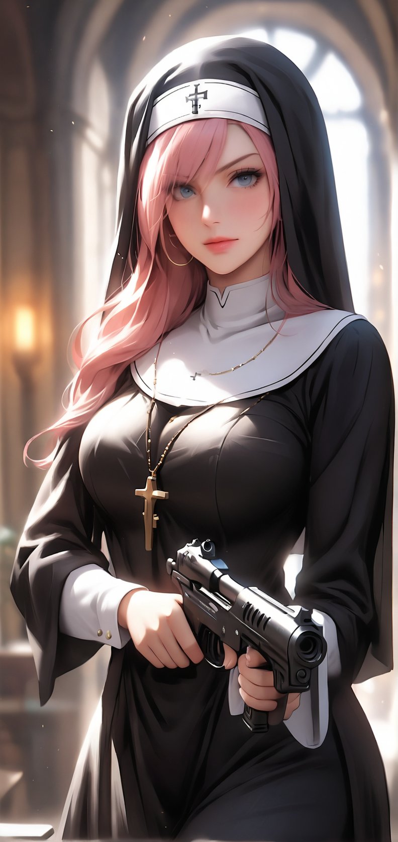 a nun with gun, holding_weapon, aimpoint