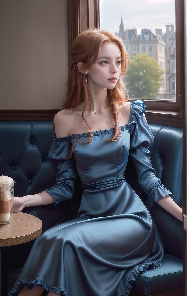 Photorealistic image ((Masterpiece)), ((high quality)) UHD 8K, of a beautiful girl, ((slim body)), realistic, (medium chest), (skinny waist), (long irish ginger hair), (blue eyes), ((wearing a blue silk dress with a large neckline and ruffles)), ((sitting in a cafe having a coffee, looking out the window))