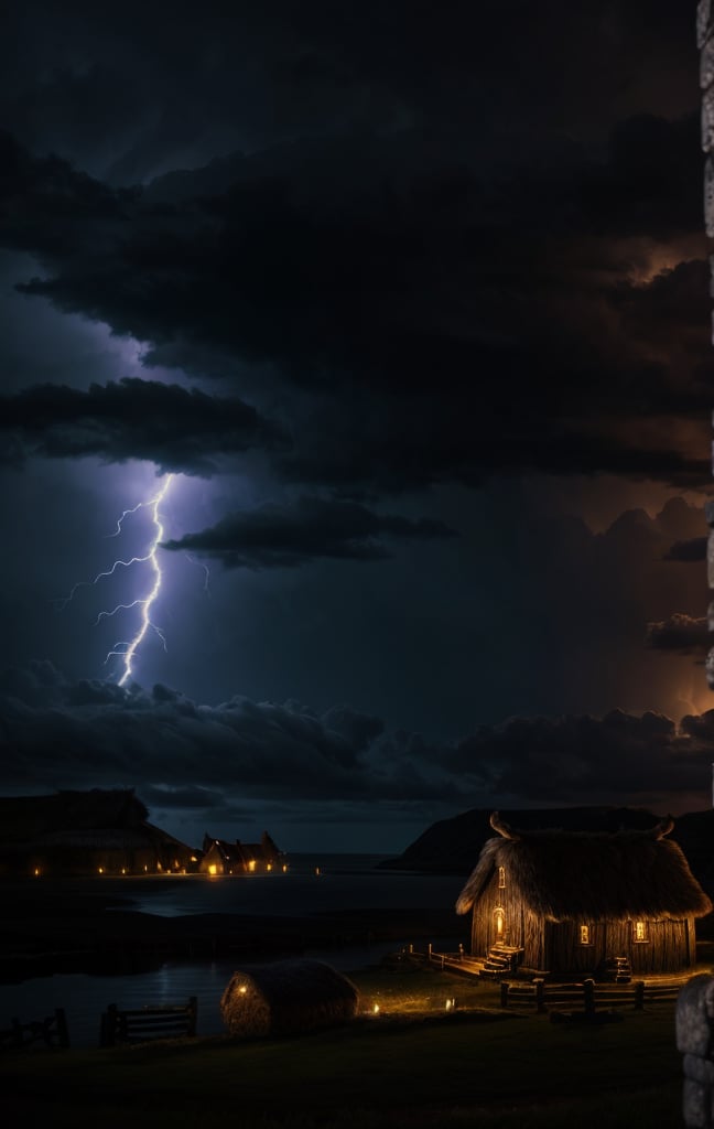 At night, viking village, fantasy ancient, lightning storm, thunder and tornado, moonlit scene, good lighting, photorealistic image, masterpiece, high quality, 8K, sharp focus