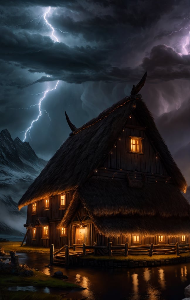 At night, viking village, fantasy ancient, lightning storm, thunder and tornado, moonlit scene, good lighting, photorealistic image, masterpiece, high quality, 8K, sharp focus