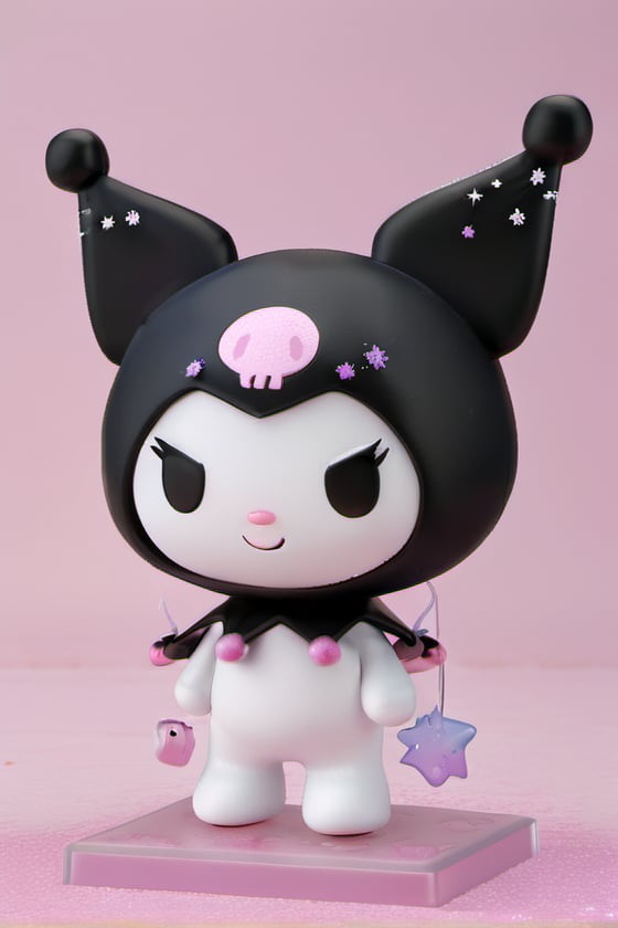 kuromi, solo, (solo), creature, super small size, no humans, ((no_human)), 3D animation, 3D figure, cute and adorable, chibi, (chibi), ((Kuromi)), big head, small body, short hands, short legs, ((small body)), ((very short hands)), ((very short legs)), dynamic pose, (masterpiece, ultra-detailed, 16K, best quality: 1.1), high resolution, (ultra detailed), photorealistic, ultra-detailed, finely detailed, high resolution, items in background everything is big size, winter, snow, at outdoor, shining star in dark background. 
((white body)), ((kuromi costume)), ((long ears)), female creature. ((black head)), ((black ears)), ((rabbid creature)), pink skeleton icon on head.