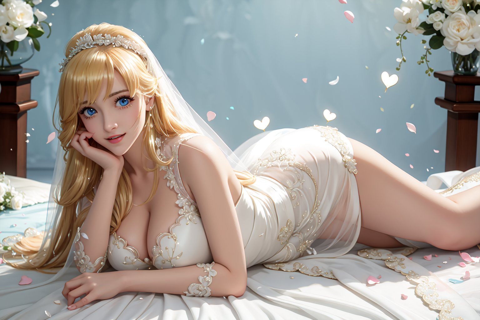 ((lying down on bed, bending the knee, knees together, exposed breasts, She wears revealing pink frilled weeding dress, Wedding gown (veil), blond very long hair, large breasts 2.0)), cute pose, large breasts, cleavage , blue eyes, (Masterpiece), full body shot, best quality, high resolution, highly detailed, detailed background, movie lighting, 1girl, idol, underbust, stage, stage lights, music, blush, sweet smile, sweat, concert, ruffles, confetti, hearts, hair accessories, hair bows, gems, jewelry, neon lights , bow tie , pointing, spotlight, sparkles, light particles, frame breasts, cross lace, white stockings,ryuubi,lift skirt,hmnl,reiko_aiwaifu