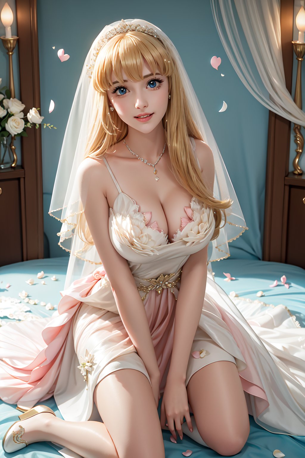 ((lying down on bed, bending the knee, knees together, exposed breasts, She wears revealing pink frilled weeding dress, Wedding gown (veil), blond very long hair, large breasts 2.0)), cute pose, large breasts, cleavage , blue eyes, (Masterpiece), full body shot, best quality, high resolution, highly detailed, detailed background, movie lighting, 1girl, idol, underbust, stage, stage lights, music, blush, sweet smile, sweat, concert, ruffles, confetti, hearts, hair accessories, hair bows, gems, jewelry, neon lights , bow tie , pointing, spotlight, sparkles, light particles, frame breasts, cross lace, white stockings,ryuubi,lift skirt,hmnl,reiko_aiwaifu
