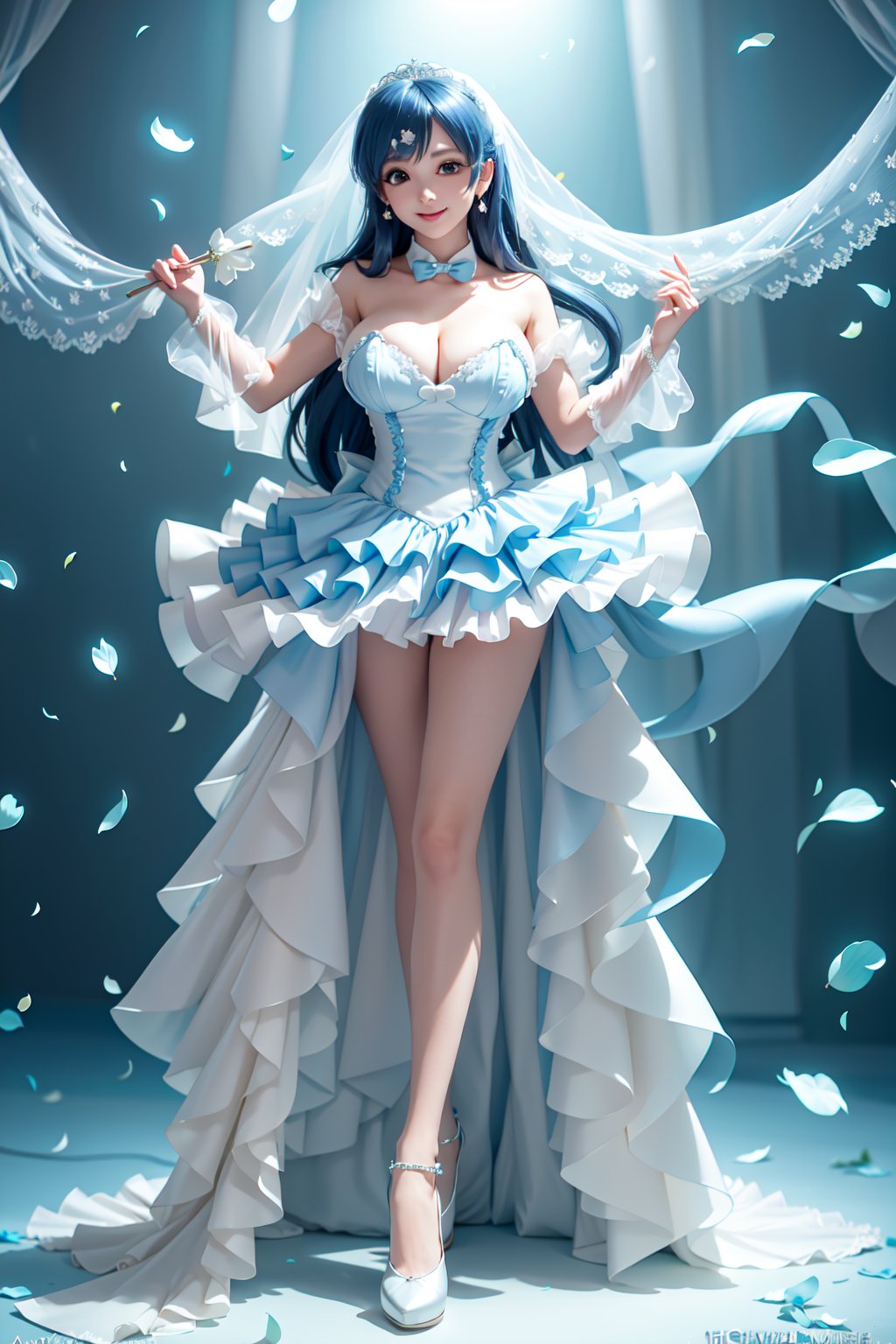 ((M-shape spread legs, legs up, exposed breasts, She wears revealing blue frilled weeding dress, Wedding gown (veil), blue very long hair, large breasts 2.0)), cute pose, large breasts, cleavage , blue eyes, (Masterpiece), full body shot, best quality, high resolution, highly detailed, detailed background, movie lighting, 1girl, idol, underbust, stage, stage lights, music, blush, sweet smile, sweat, concert, ruffles, confetti, hearts, hair accessories, hair bows, gems, jewelry, neon lights , bow tie , pointing, spotlight, sparkles, light particles, frame breasts, cross lace, white stockings,ryuubi,lift skirt,hmnl,ho1