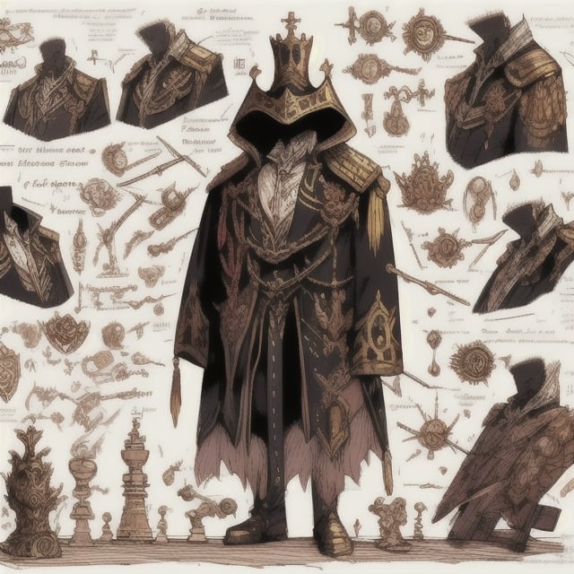 design of a 2D male character, comic style, based on the combination of the chess pieces of the white king and the black king, with designs on steampunk in the clothing, background to contrast the character.