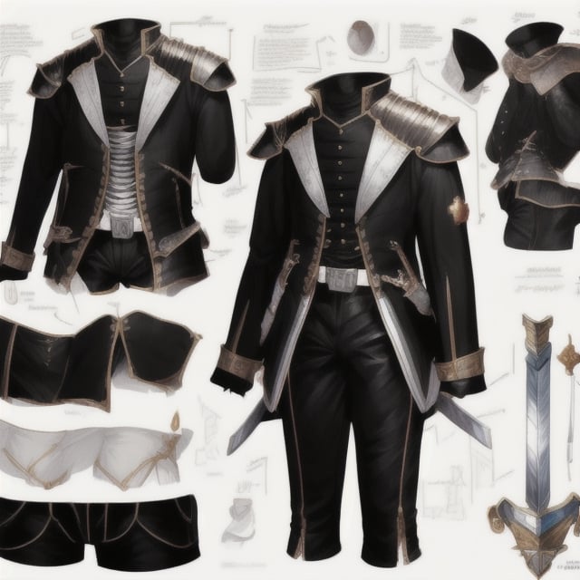 male, bandmaster's suit, clothes in black and white, musketeer sword, knight left arm armor,little scared black pants