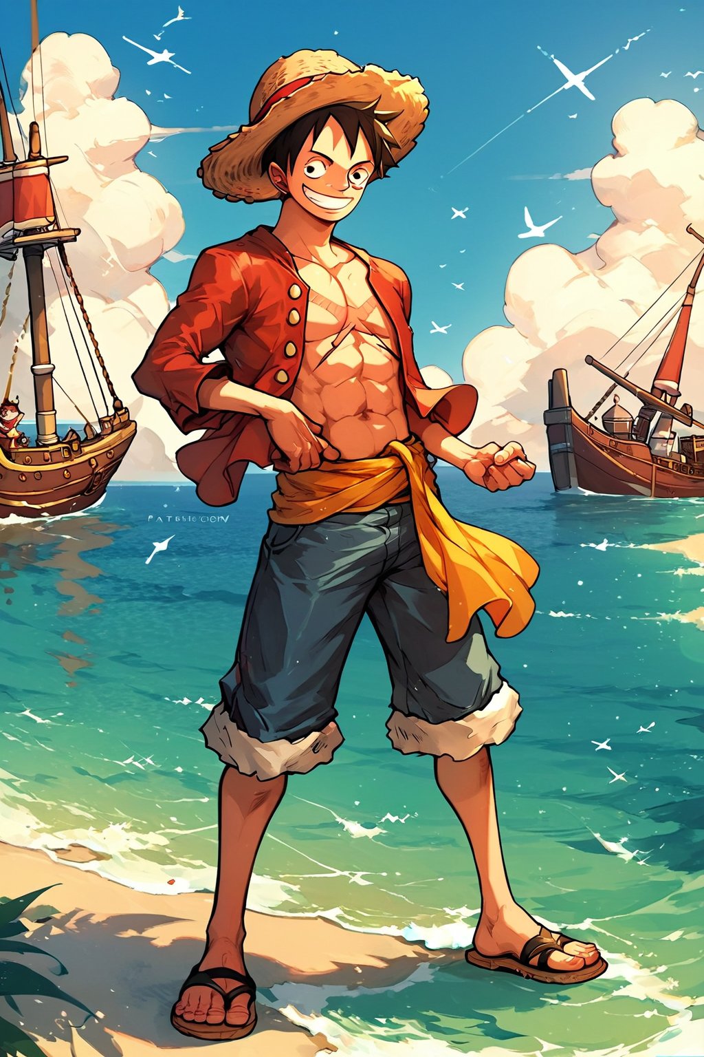 score_9_up, score_8_up, score_7_up, score_6_up, High quality, 1 boy, luffy, straw hat, Luffy, Smiling, male focus, solo, muscle, (full body), seashore, Pirate Ship, beach,