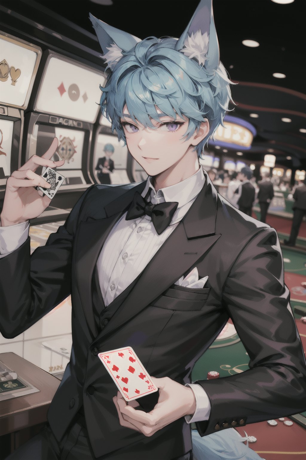 1boy, Esker, blue hair, Purple eyes, solo muscle, (casino), playing cards, trusted, elegant suit, fox ears, fox tail, 