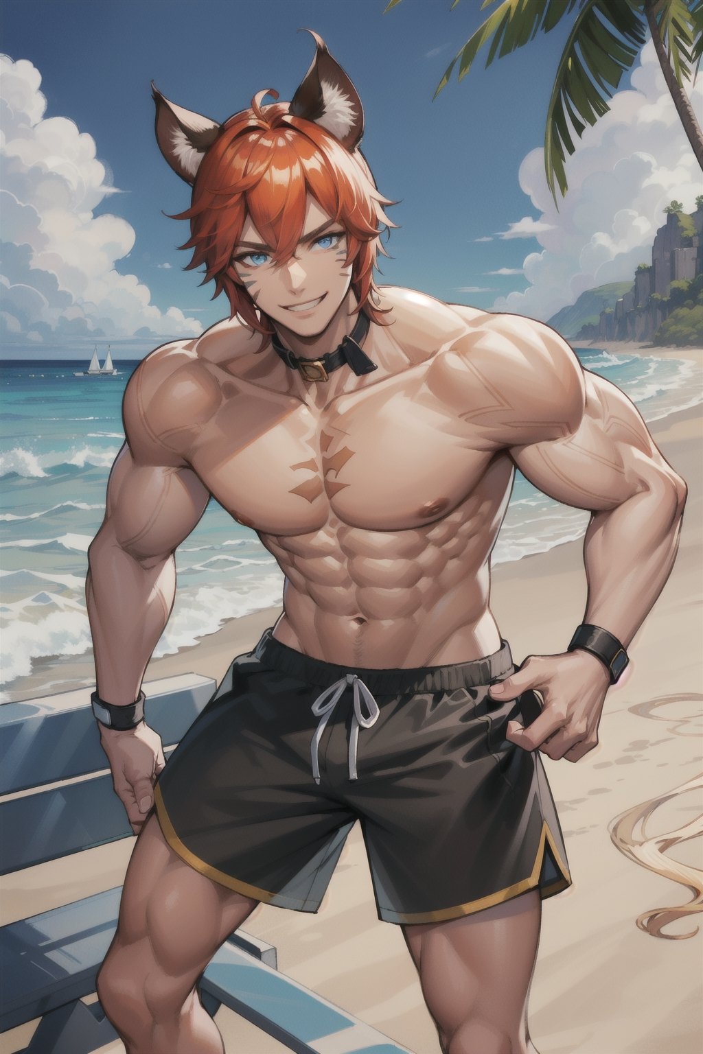 Gladi, Blue eyes, facial mark, beach, beach_shorts, shirtless, muscles, smile, champion, fighting