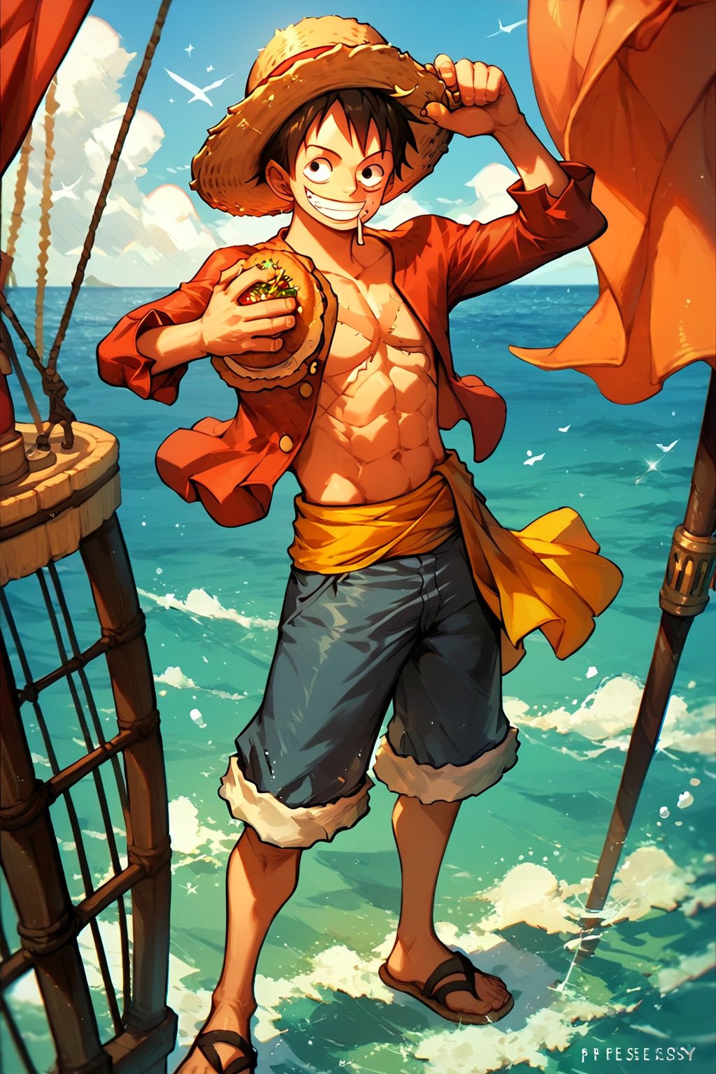 score_9_up, score_8_up, score_7_up, score_6_up, High quality, 1 boy, luffy, straw hat, Luffy, Smiling, male focus, solo, muscle, (full body), eating, seashore, Pirate Ship, 