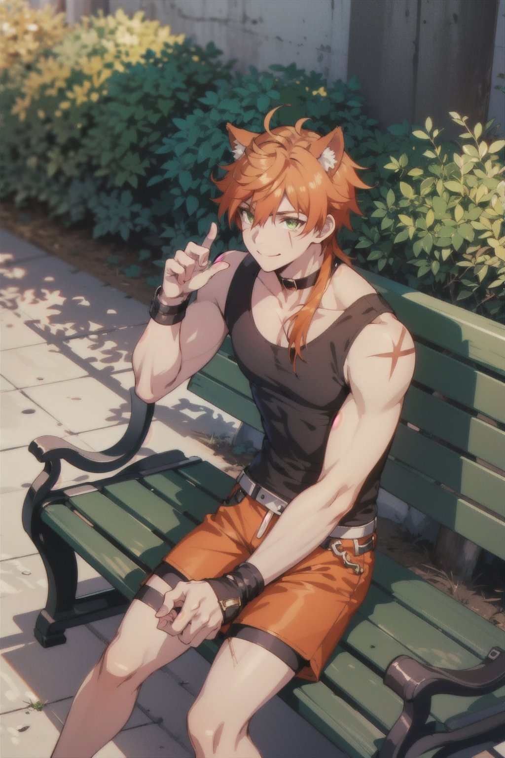 Roi, scar on face, Orange hair, Green eyes, defined muscles, solo, male, black tank_top, red shorts, barefeet, looking at viewer, smile, city ,1boy, sitting on a bench, cat ears, looking up, touching his ears