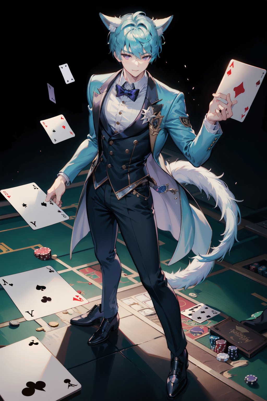 1boy, Esker, blue hair, Purple eyes, solo muscle, full body, playing cards, trusted, elegant suit, fox ears, (1 fox tail), Casino Background
