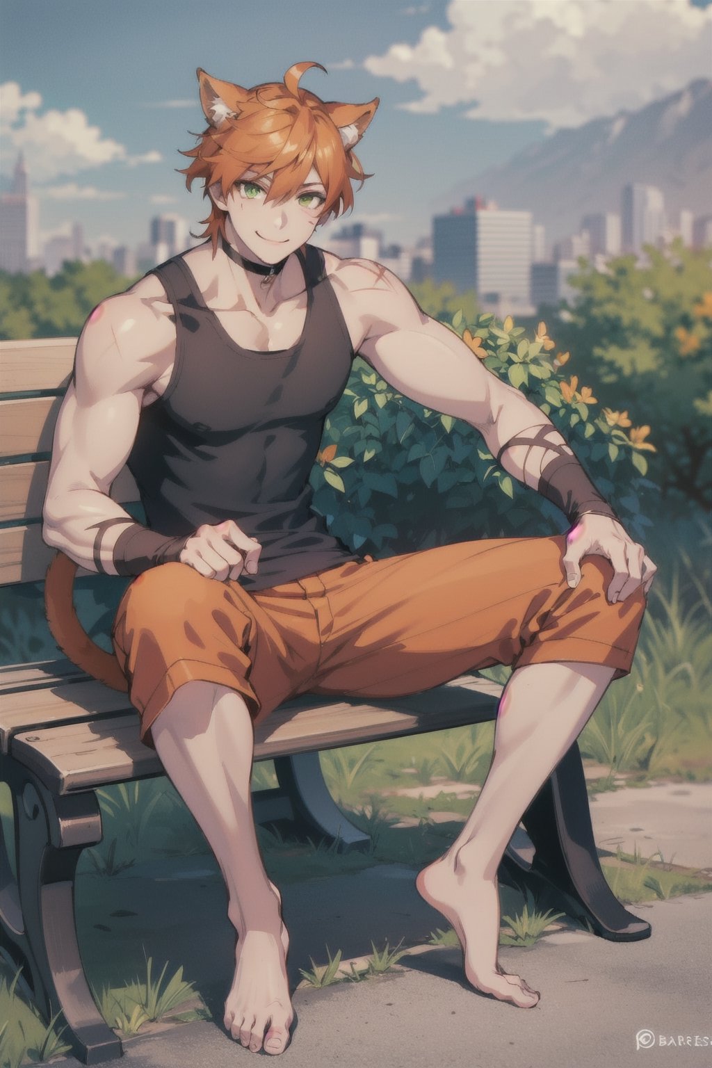 Roi, scar on face, Orange hair, Green eyes, defined muscles, solo, male, black tank_top, red shorts, barefeet, looking at viewer, smile, city ,1boy, sitting on a bench, cat ears, cat tail, 